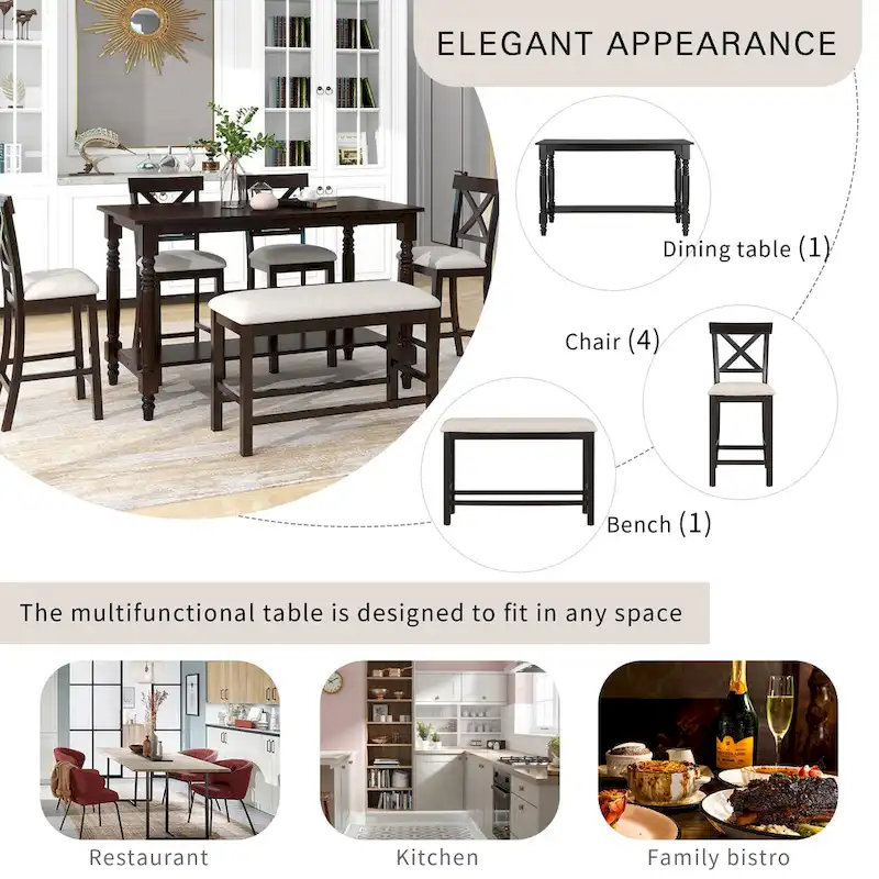 Nestfair 6-Piece Counter Height Dining Table Set with Chairs and Bench
