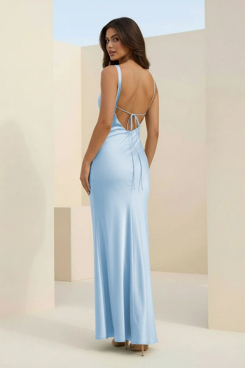 Red Cowl Neck Sleeveless Sheath Satin Backless Long Prom Dresses