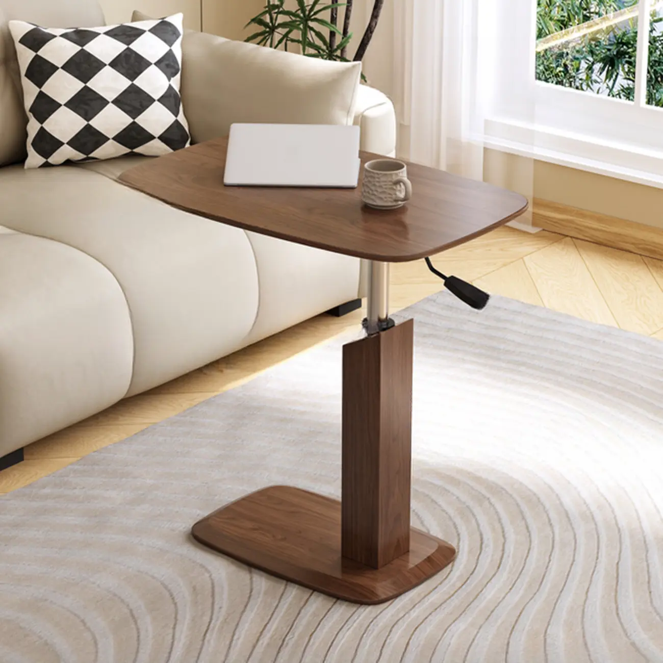 Adjustable Height Walnut Wood C Table for Living Room