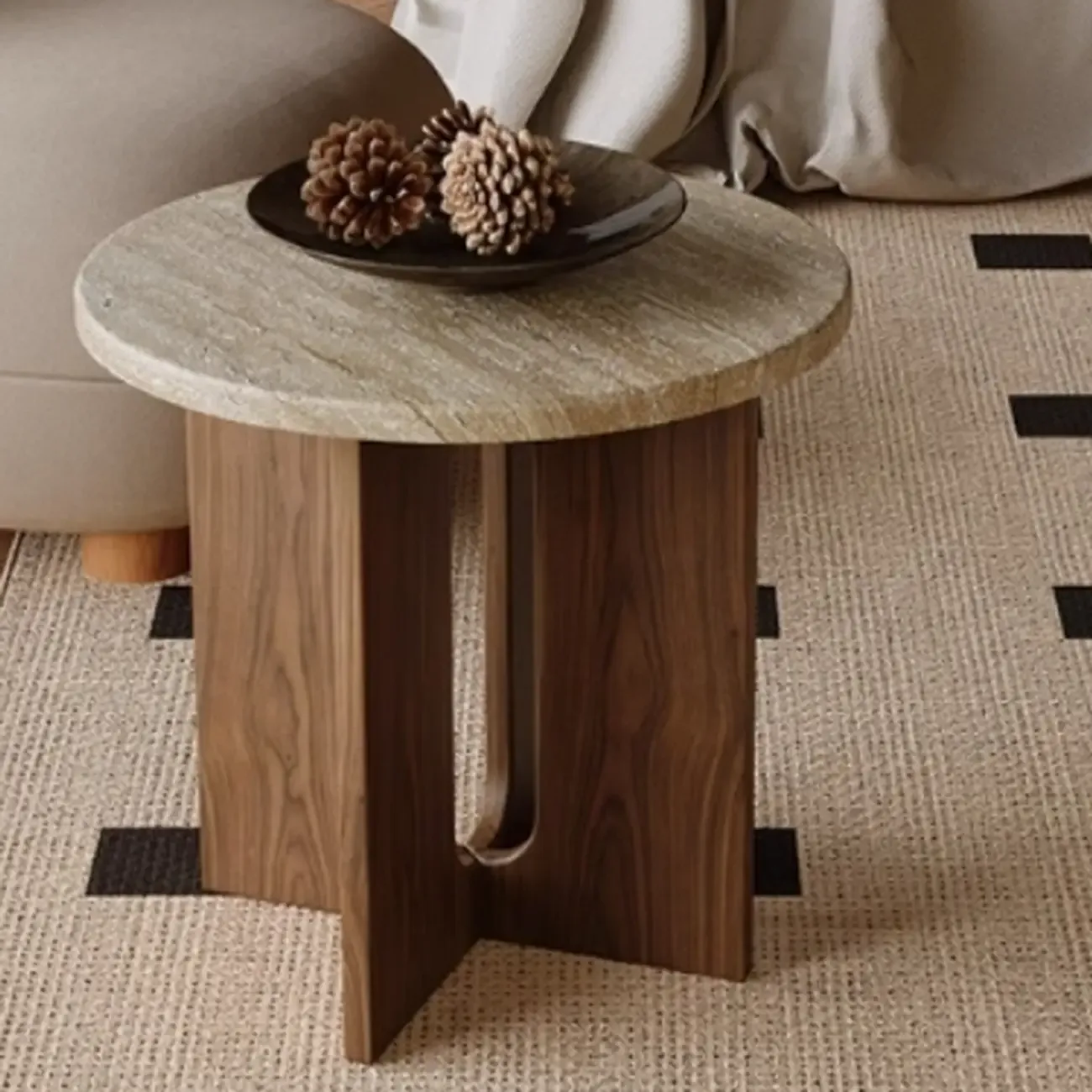 Modern Travertine TOP Round Accent Table with Wood Base