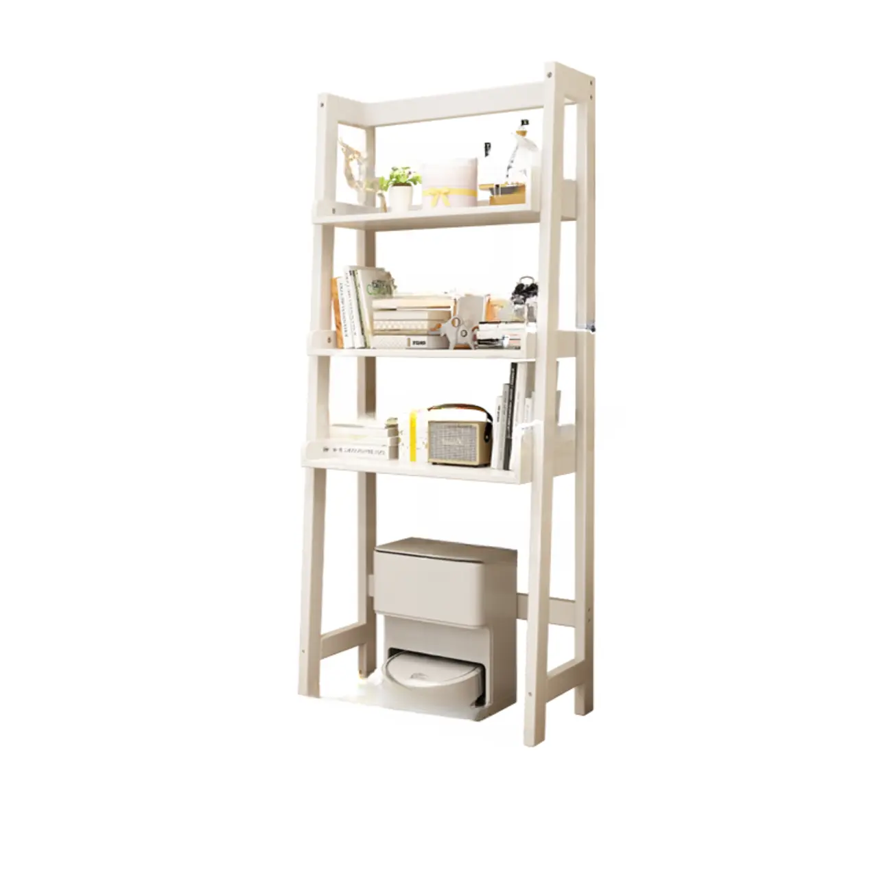 Narrow Modern Rubberwood Ladder Bookcase Open Back