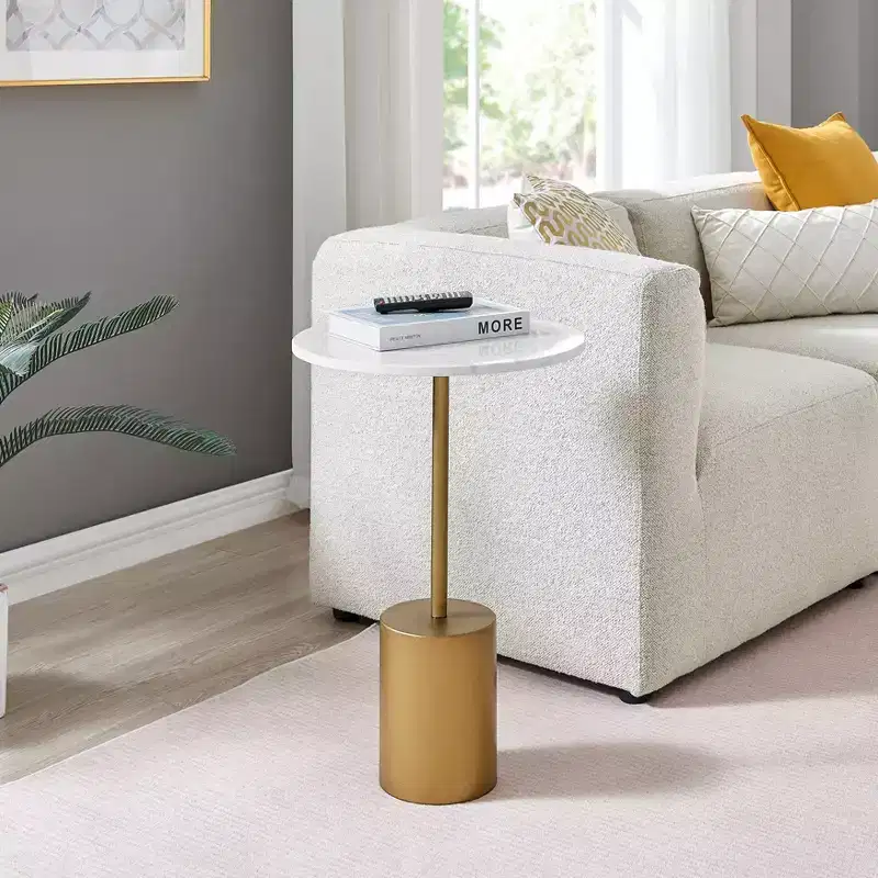 Danya B. Fritz Round Mid-Century Modern Pedestal Side Accent Table with Marble Stone Tabletop White/Gold