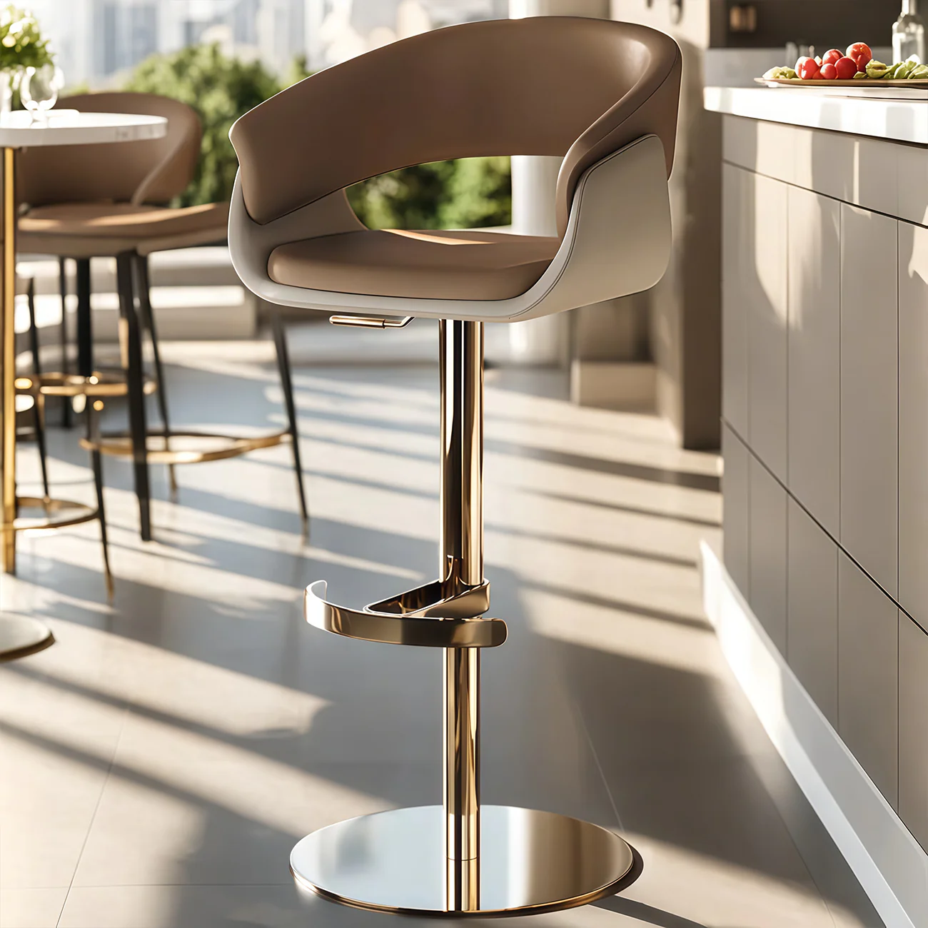 Brown Swivel Genuine Leather Counter Stools with Backs
