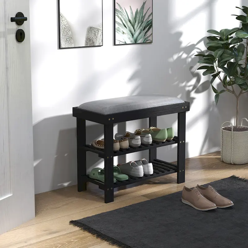 HOMCOM Bamboo Shoe Bench, 3-Tier Entryway Bench with Storage and Cushion, Shoe Organizer for Entryway, Hallway