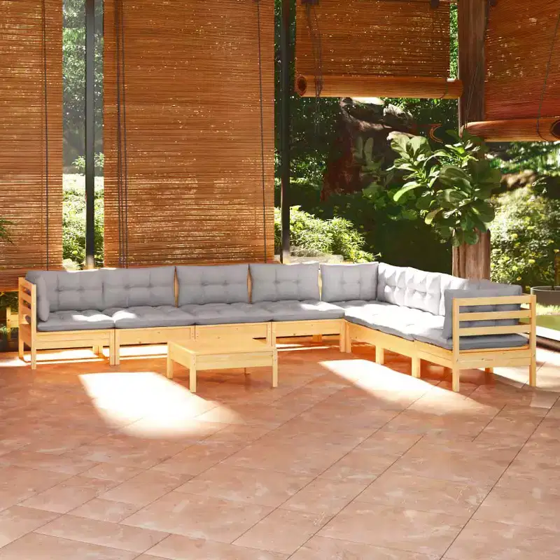 vidaXL Solid Pinewood Patio Lounge Set 9 Piece with Cushions - Brown and Gray