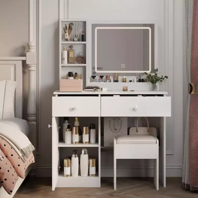 35.4W Elgant Vanity Table with 2 Big Drawers and Chair, Vanity Mirror with 3-Colors LED Light for Makeup, White 4W - ModernLuxe
