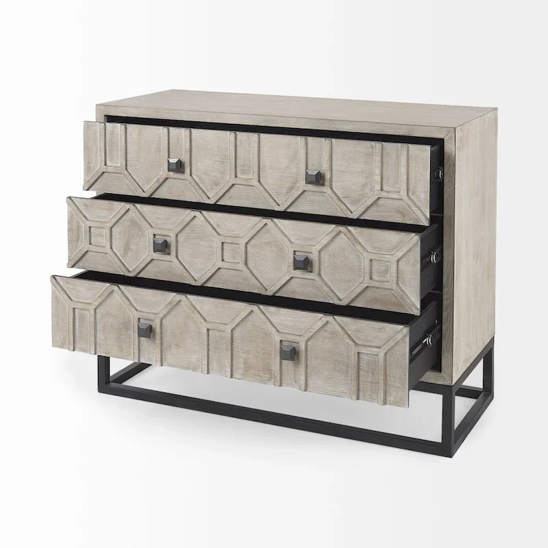 3-Drawer Accent Cabinet with Metal Frame - Geometric Pattern Design (Gray/Light Brown)