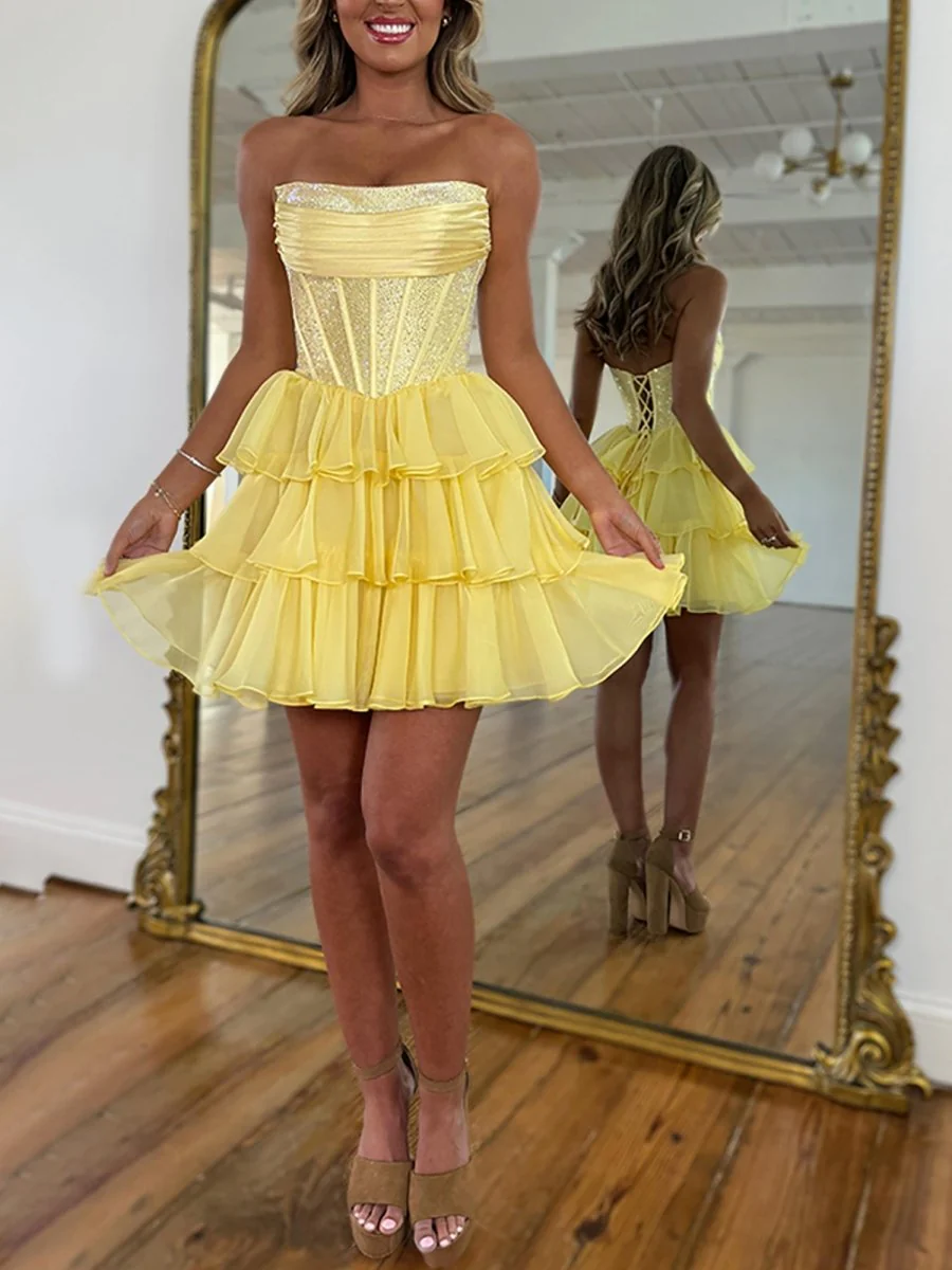 Yellow - Strapless A Line Chiffon Beaded Homecoming Dress With Ruffles