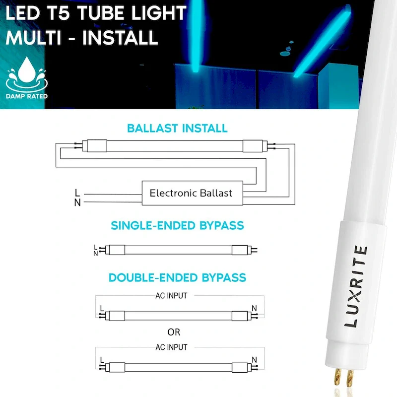 Luxrite 4FT T5 LED Tube Lights, 24W=54W, 45.78 , Ballast and Ballast Bypass Compatible, Damp Rated 4 Pack - N/A
