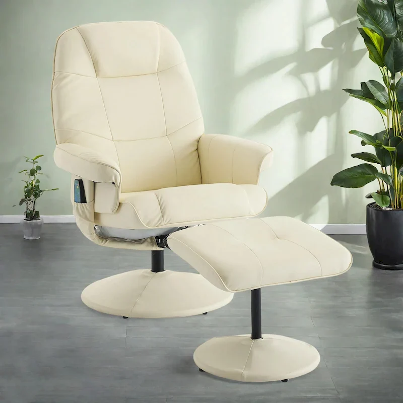 Beige / Black PU Leather Swivel Massage Recliner Chair with Ottoman – 1-Person