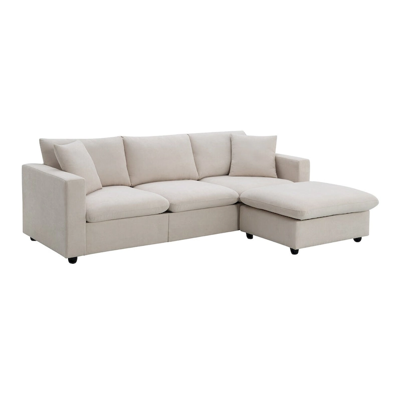 Modern Sectional Sofa,L-shaped Couch Set with 2 Free pillows,4-seat Polyester Fabric Couch Set with Convertible Ottoman