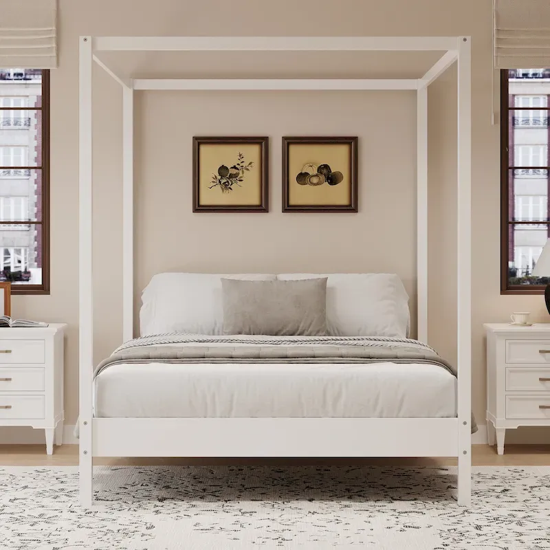 White Four-Poster Canopy Bed Frame with Wood Slats, Queen / King