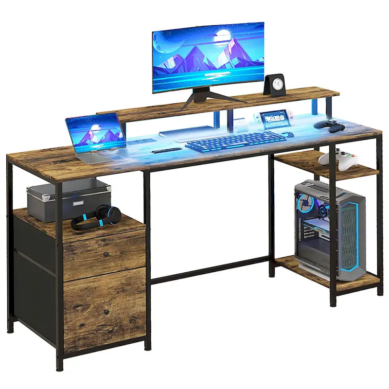Black / Brown L-Shaped Rotating Corner Desk with Drawer, Cabinet & Shelves, 1-Person