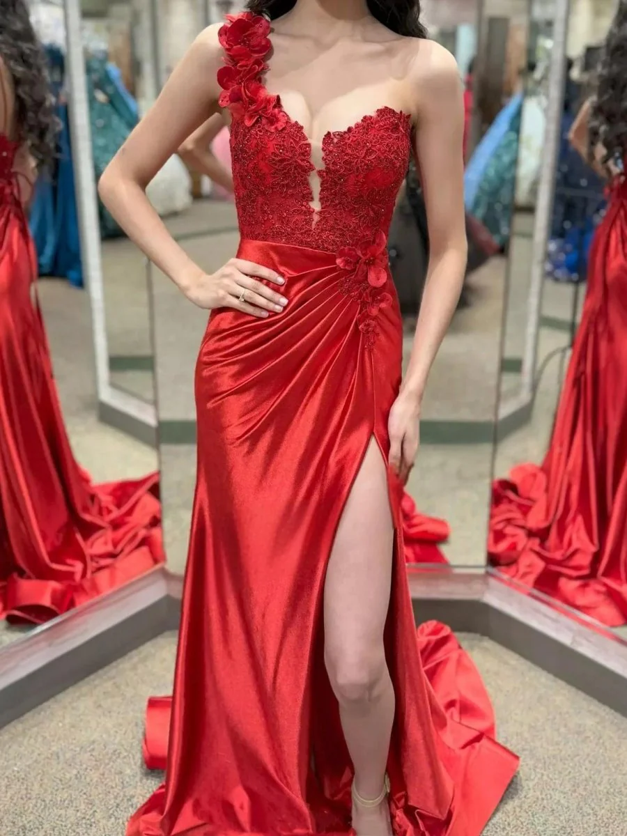 Red One-Shoulder 3D Floral Lace Pleated Long Gown with Slit