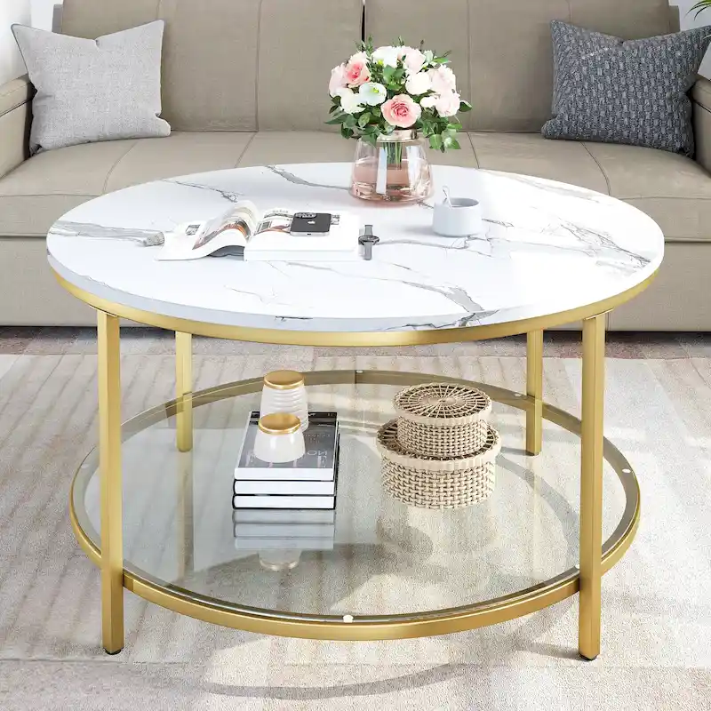 Moasis Industrial 2-Tier Round Coffee Table with Shelf