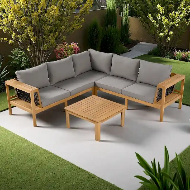 4-Pieces Outdoor Acacia Wood L-Shaped Sectional Sofa Set with Coffee Table and Arm Side Table