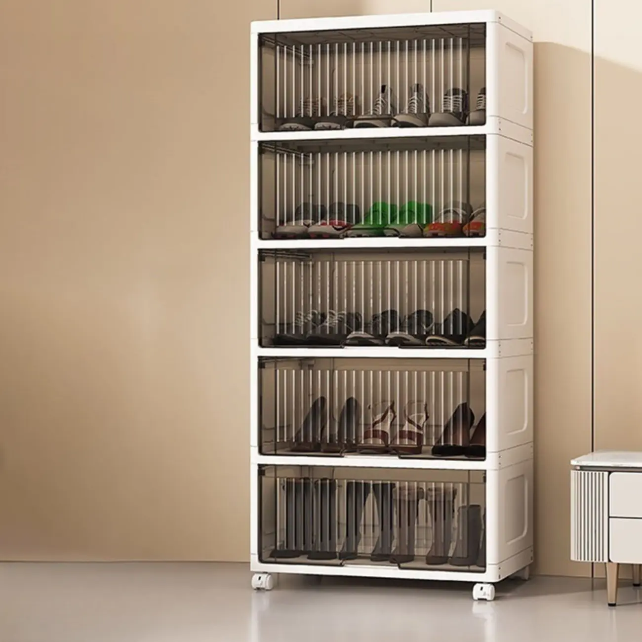 Hallway White Plastic Drop-Front Shoe Cabinet with Casters