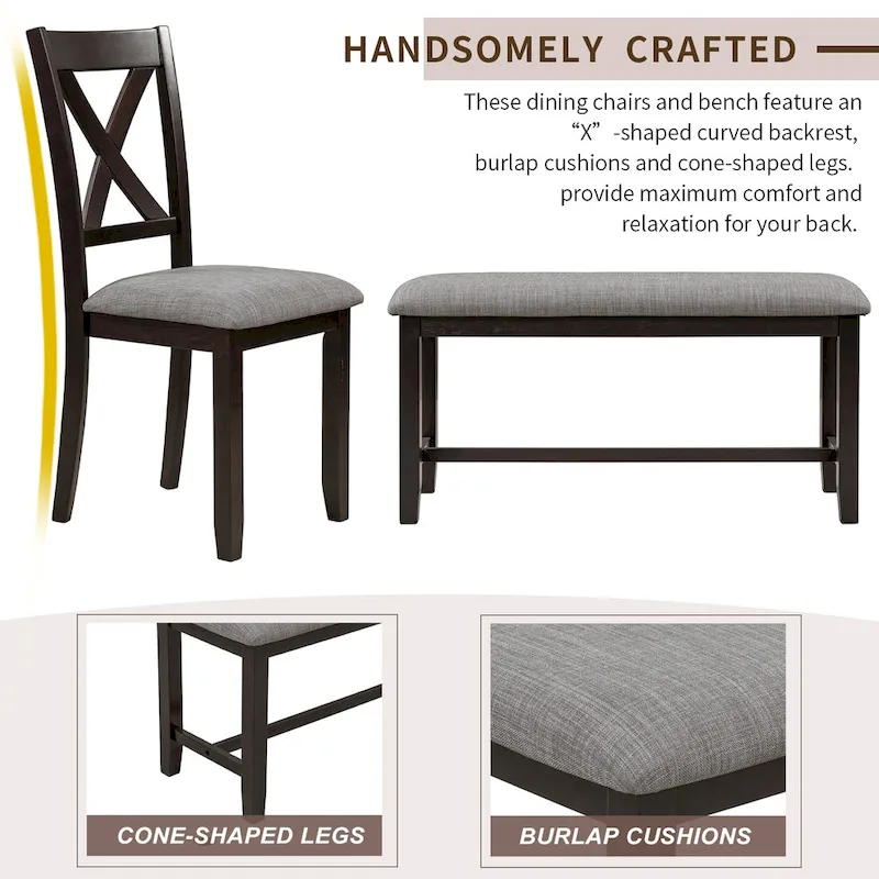 6-Piece Wooden Kitchen Dining Table Set with 4 Chairs and Bench