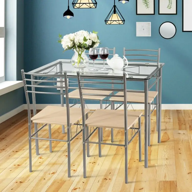 5 pcs Dining Set Glass Table and 4 Chairs