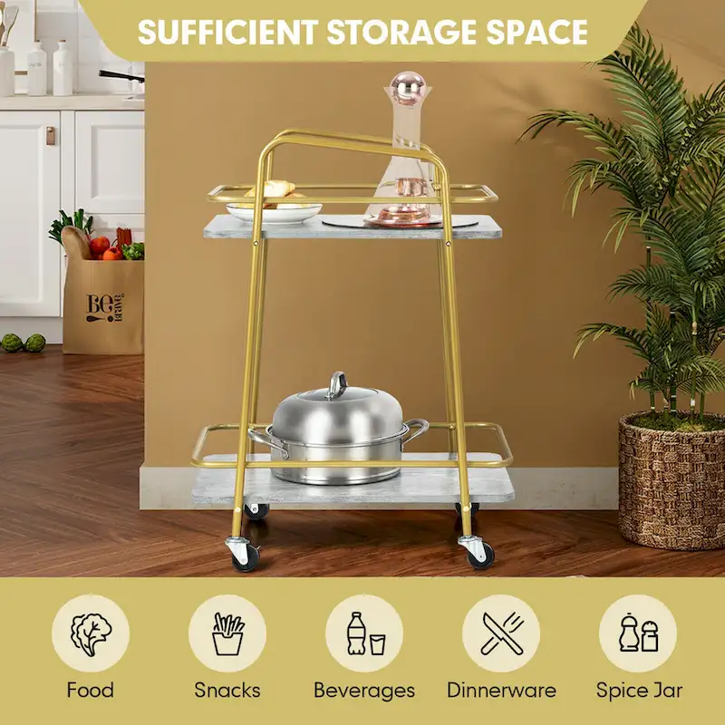 Gymax Gold Serving Cart Utility Trolley on Wheel Rolling Kitchen Rack