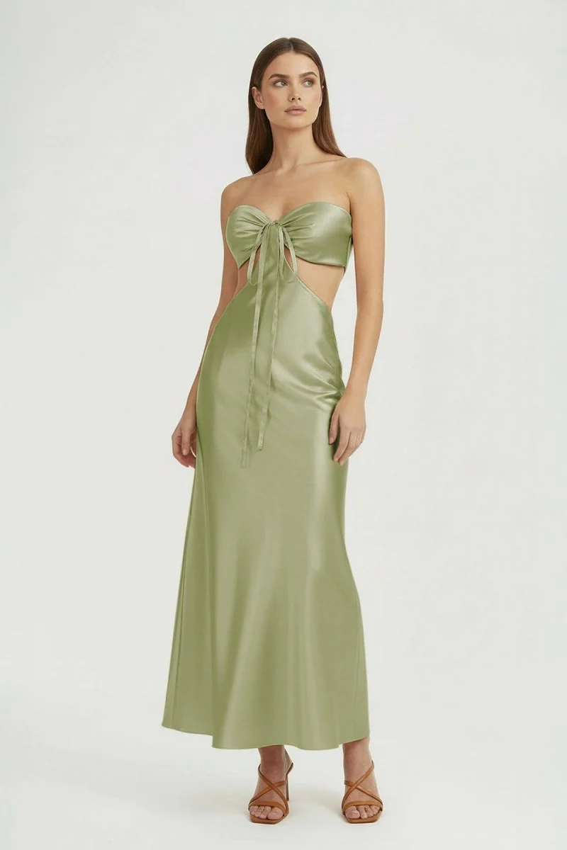 Aqua Strapless Sheath Satin Open Back Prom Dresses With Cutout