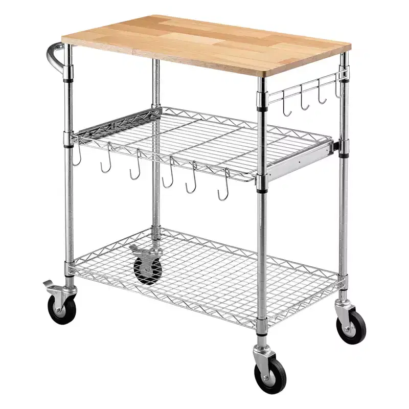 VEVOR Kitchen Utility Cart, 3 Tier Heavy Duty Adjustable Wire Storage Rack with Wood Tabletop and Handle Bar, Silver