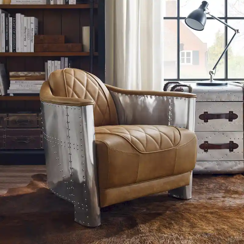 Industrial Retro Top Grain Leather & Aluminum Accent Chair