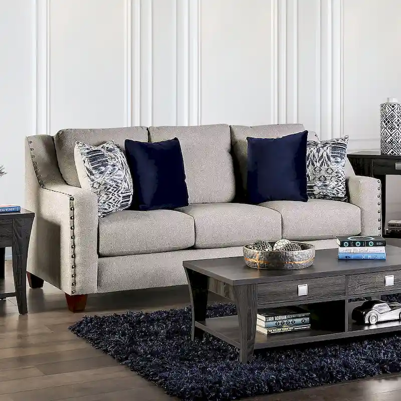 3-Seat Transitional Sofa with Nailhead Trim and Sloped Arms – Light Grey