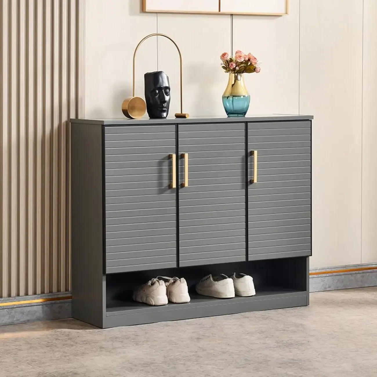 Metal Grey Shoe Cabinet with Open Bottom Shelf