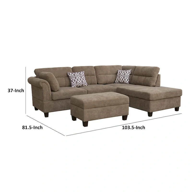 Ari 104 Inch Sectional Sofa with Chaise, Ottoman, 2 Accent Pillows, Brown