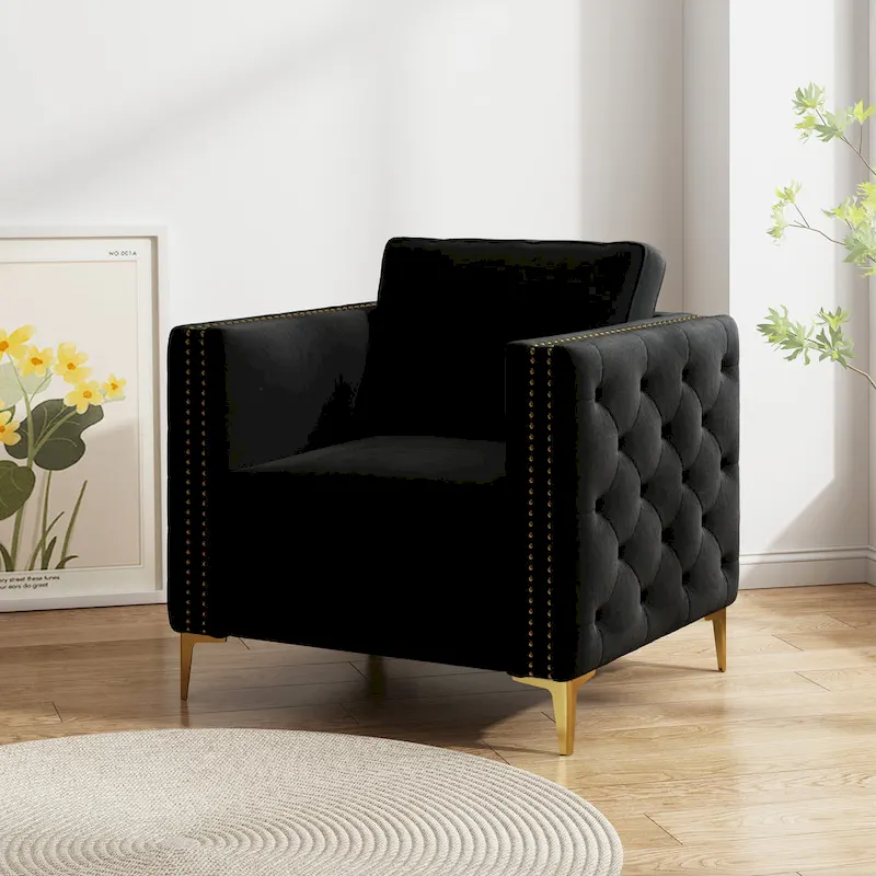 Velvet Accent Chair with Gold Metal Legs, Single Seat – Navy Blue / Black / Beige / Khaki