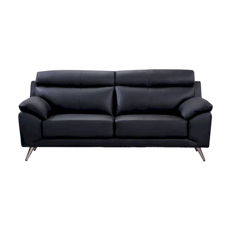 Sofa, black top-grain cowhide leather, foam cushions, steel legs, 80 inches.