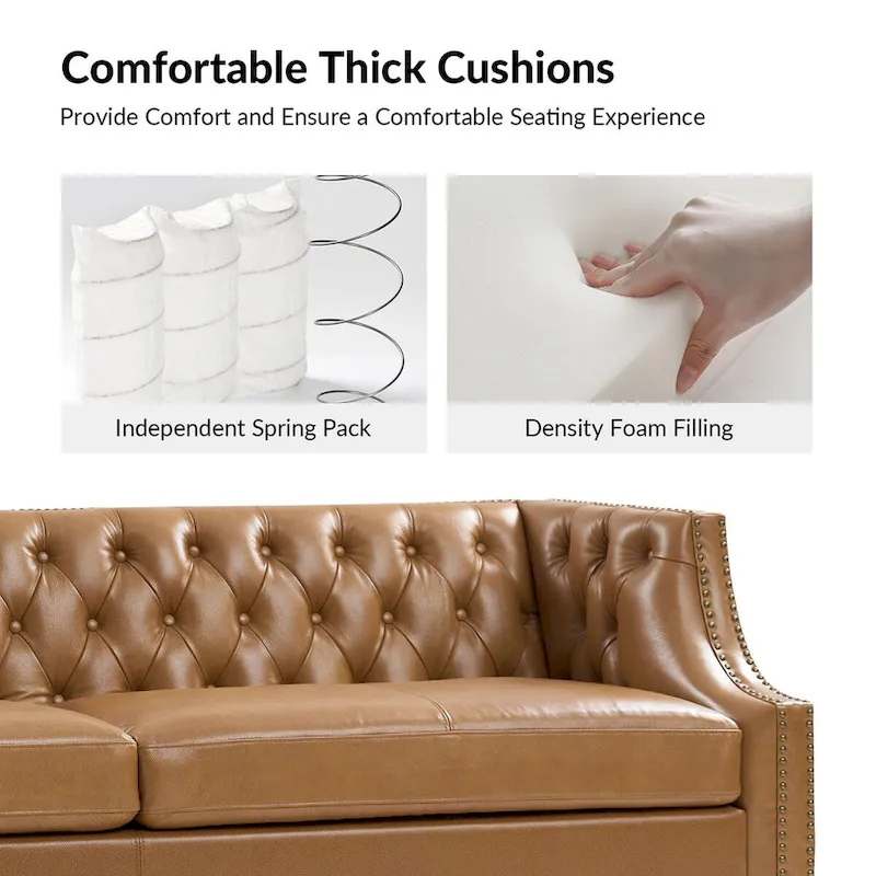 Transitional Genuine Leather Tufted Design Sofa with Solid Wood Legs