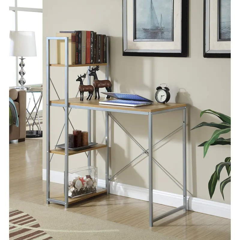 4-Tier Shelving Office Desk, Light Oak/White/Barnwood/Charcoal Grey, 1-Person
