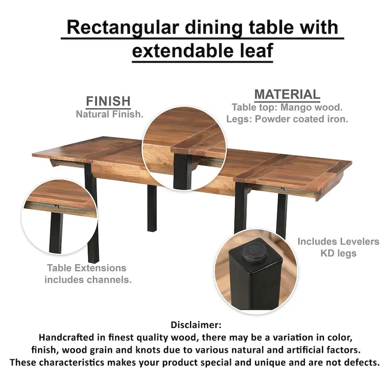 Extendable Rectangular Dining Table with Mango Wood Top and Black Iron Legs