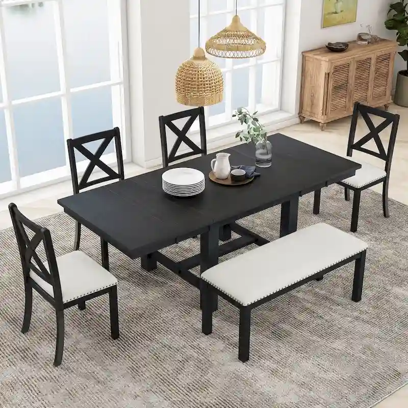 82inch 6-Piece Extendable Dining Table with Footrest, 4 Upholstered Dining Chairs and Dining Bench, Two 11Removable Leaf