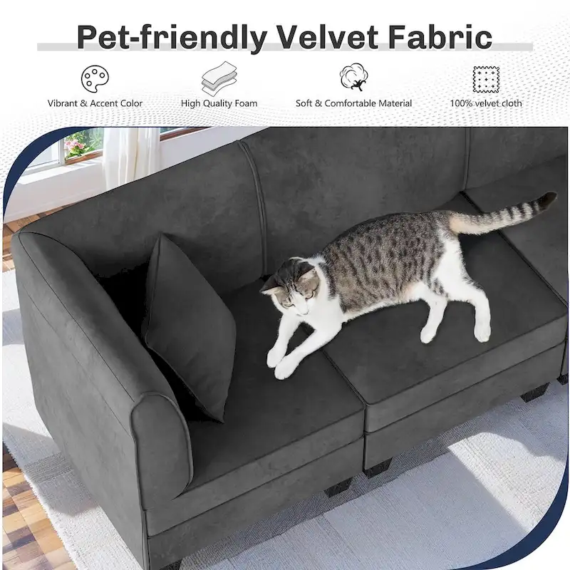 Futzca Sectional Couch Modular Sofa, 116 Velvet L-Shaped Couch Sofa