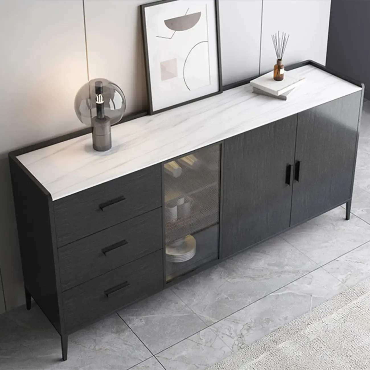 Modern Wooden Sideboard with Cabinets & Wine Rack