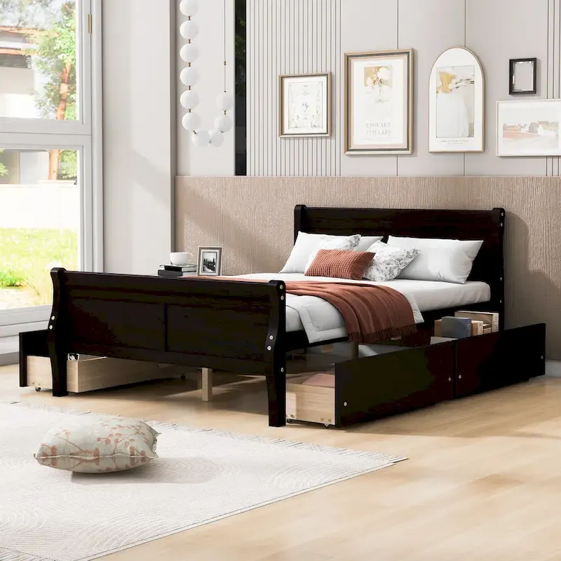 Full Size Wood Platform Bed with 4 Drawers and Streamlined Headboard