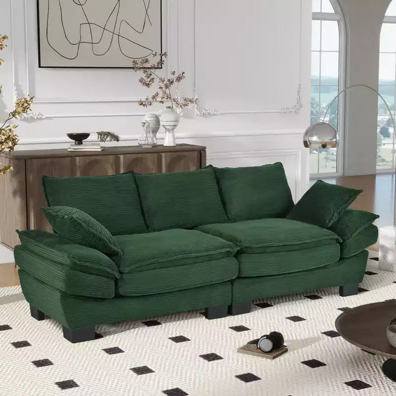 GDFStudio Torres U-Style 85.4 Modern Corduroy Fabric Curved Sofa with 2 Decorative Throw Pillows