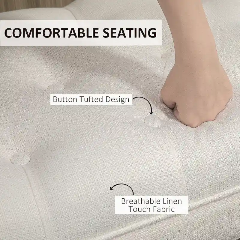 Beige Button-Tufted Upholstered Bench with Arms - 55