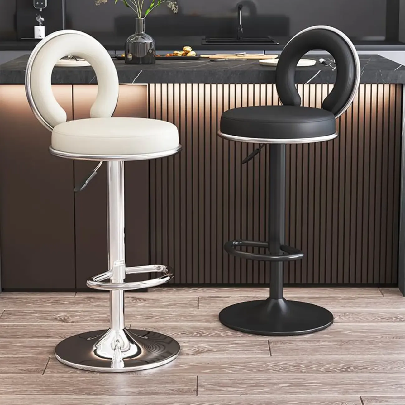 Glam Round Adjustable Leather Swivel Bar Stool with Back