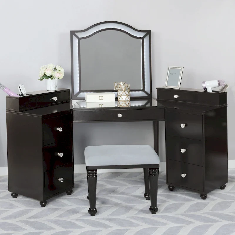 Furniture of America Ulru Transitional Solid Wood 3-Piece Makeup Vanity Set with LED