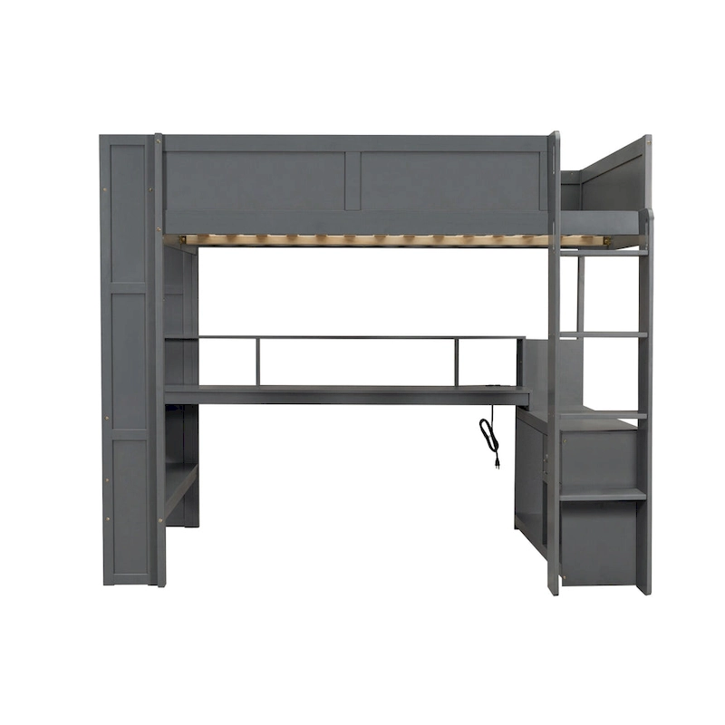 Wood Twin Size Gaming Loft Bed with Desk, Multi-storage Shelves, LED and Charging Station, Dark Gray