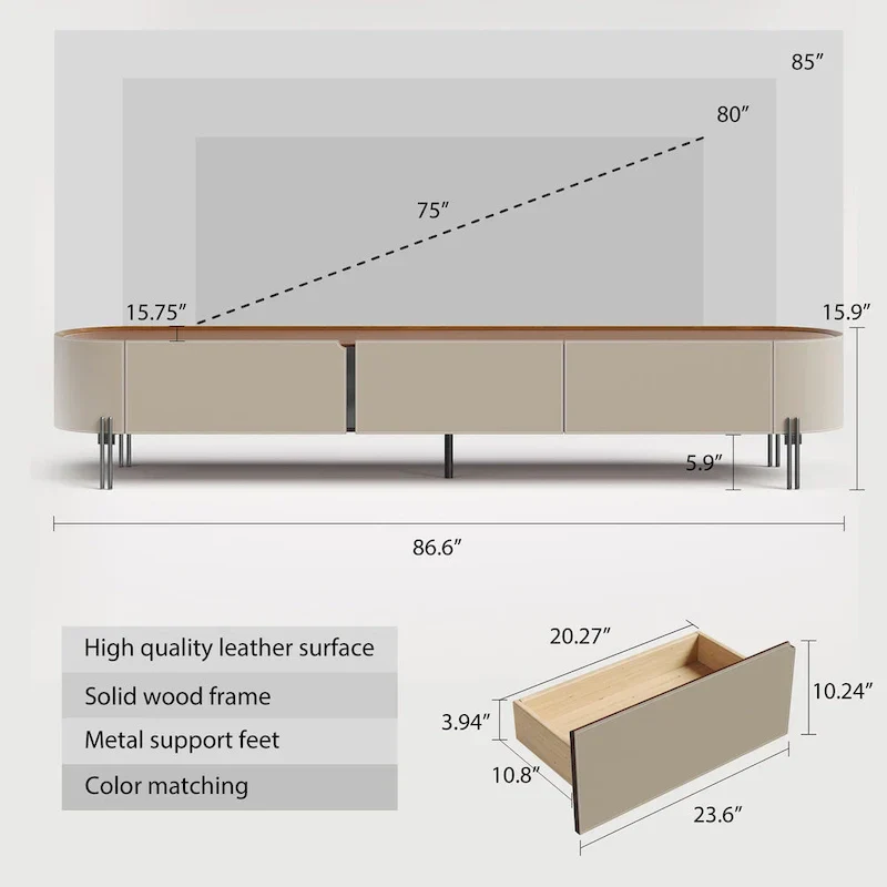 Brown Leather TV Stand for Living Room with 3 Drawers and Metal Legs
