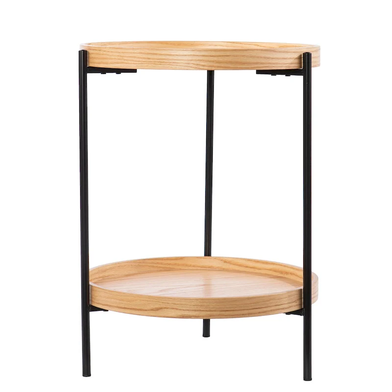 Round Wood Side Table with Metal Frame and Shelf