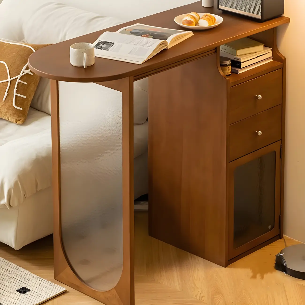 Free Form Brown Wooden Storage Bar Tables for Living Room