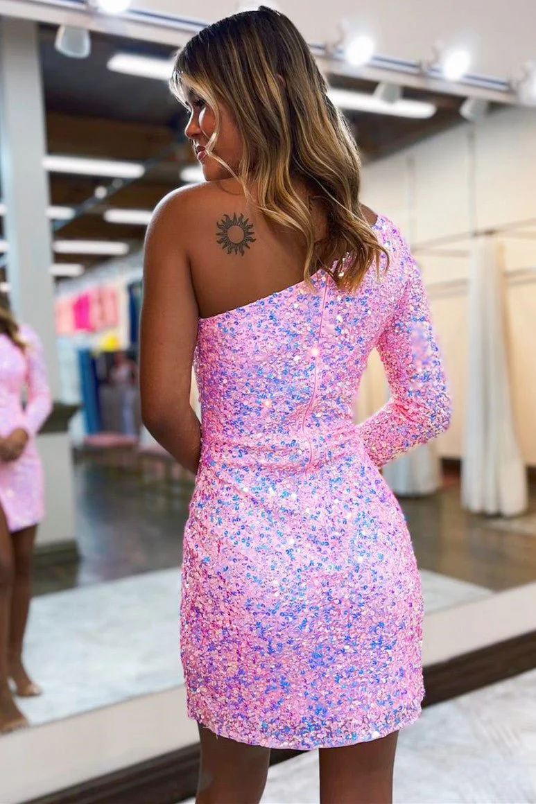 Pink Sequin Sheath One Shoulder Mini Party Dresses with Slit