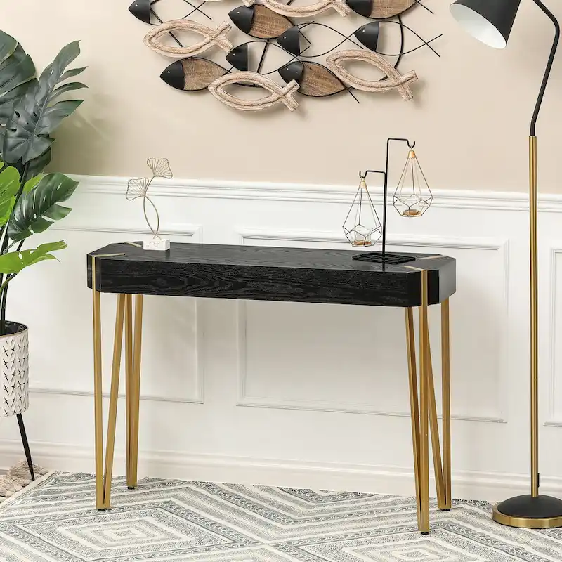 Black Wood and Gold Metal Console and Entry Table - 30.25 H x 42 W