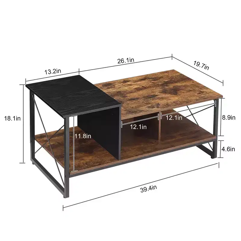 VECELO 2-Tier Coffee Table with Storage Shelf for Living Room/Office, Metal Frame & Wooden Tabletop, Brown
